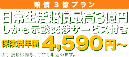 個人賠償最高3億円。しかも示談代行サービス付き-保険料年額4,590円〜お手続きは簡単、今すぐ申込めます。